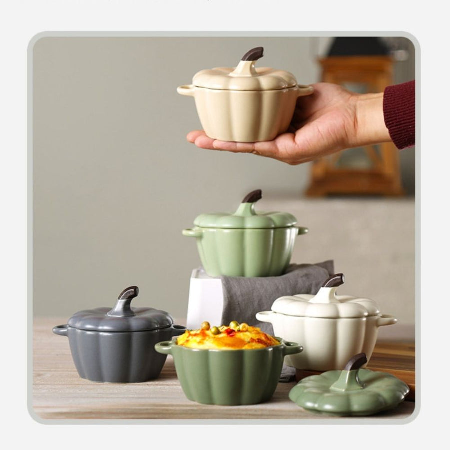 Pumpkin Dutch Oven, Mini Ceramic Casserole Dish with Lid, Pottery Baking Dish for Soufflés and Sides, Cute and Functional for Tabletop Serving (Green)