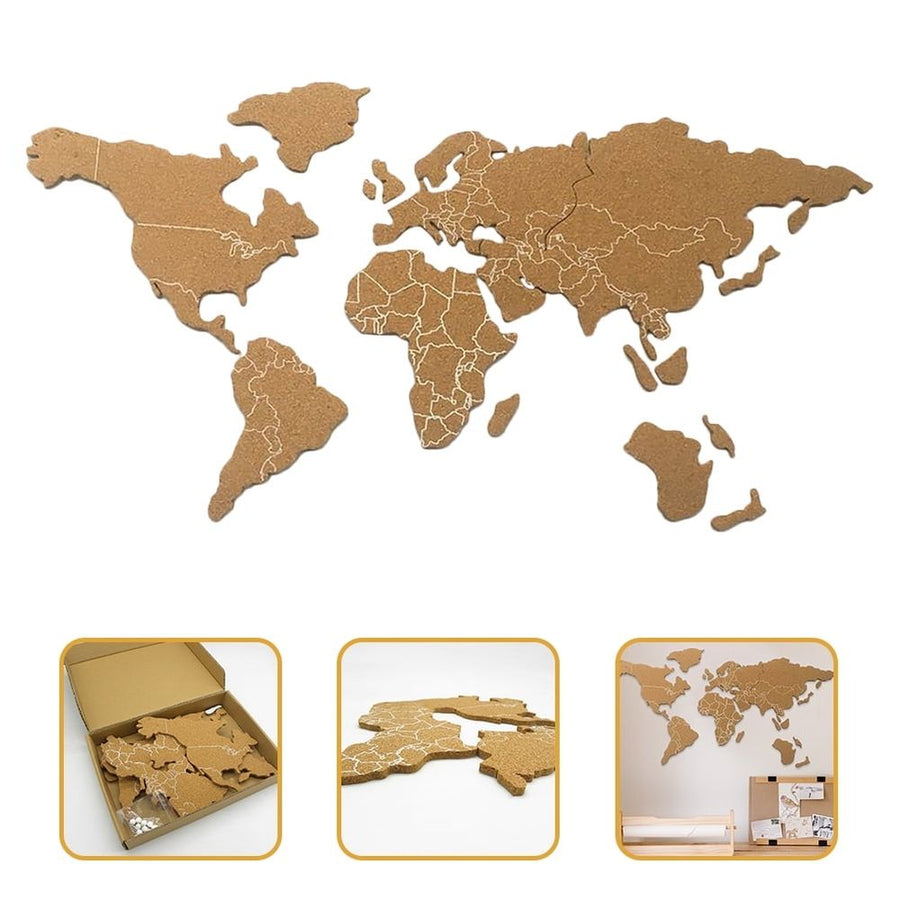 World Map Cork Board with Self-Adhesive Brown Wood Frame for Home Wall Decor and Office Use