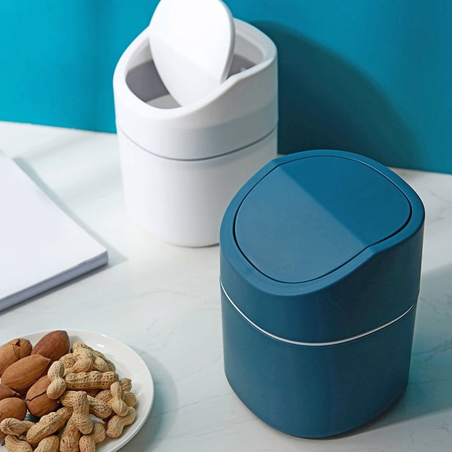 Dark Blue Desktop Trash Can with Odor-Reducing Lid for Home Use