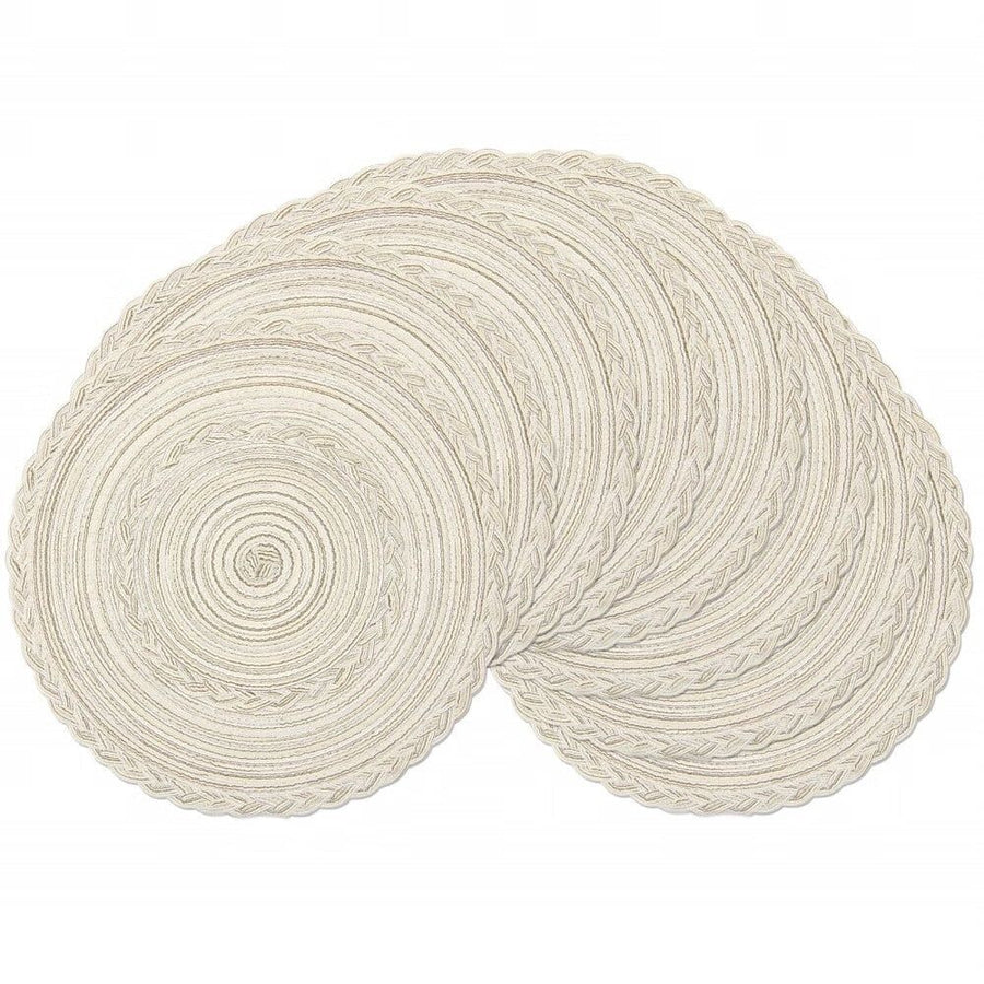 Boho Round Placemats Set of 8 Braided Border Round Place Mats 15 inch Washable Dining Table Mats for Home Wedding Holiday Party (Ivory Bordered,8)