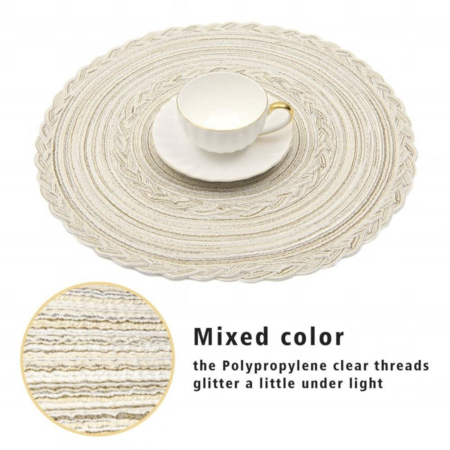 Boho Round Placemats Set of 8 Braided Border Round Place Mats 15 inch Washable Dining Table Mats for Home Wedding Holiday Party (Ivory Bordered,8)