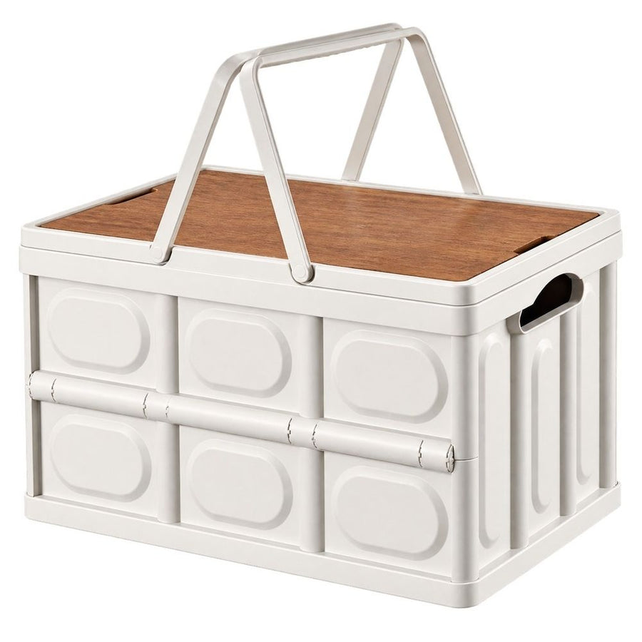 Foldable Camping Storage Box With Wooden Lid,Multi-Functional Portable Storage Box, Can Store Toys, Snacks, Car Essentials,33*22*17cm,White