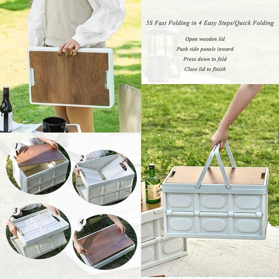 Foldable Camping Storage Box With Wooden Lid,Multi-Functional Portable Storage Box, Can Store Toys, Snacks, Car Essentials,33*22*17cm,White