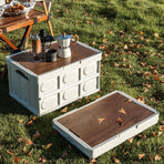Foldable Camping Storage Box With Wooden Lid,Multi-Functional Portable Storage Box, Can Store Toys, Snacks, Car Essentials,33*22*17cm,White