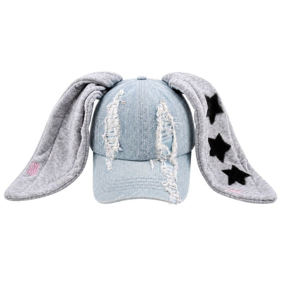 1 Pcs Baseball Cap, Women's Fashion Rabbit Ear Decor Hat, Vintage Washed Distressed Snapback, Star Print Decor,Depth of 14cm, adjustable
