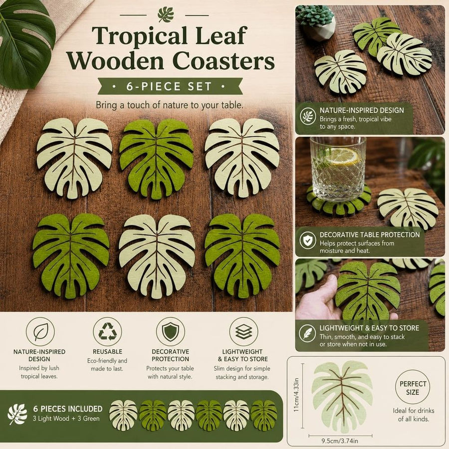 6 Pcs Bamboo Coaster Set, Natural Wood Grain Coasters, Heat-Resistant Non-Slip Pads, Best Choice For Christmas,11*9.5*0.5 cm