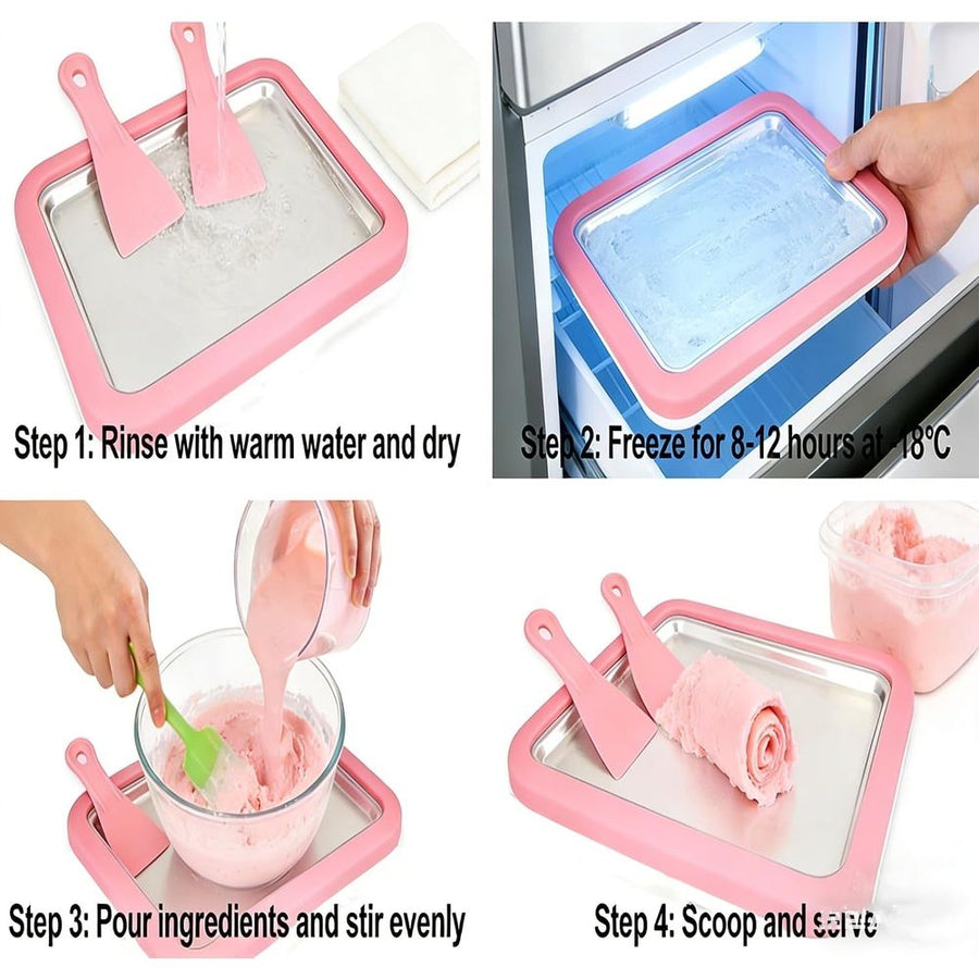 1 Set Ice Cream Maker Kit,Includes Freezing Tray And 2 Scrapers, DIY Ice Cream Tray, Stainless Steel Frozen Dessert Maker,22*17.5*4.2cm,Pink