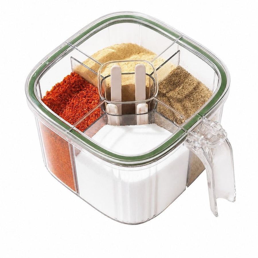 1 Pcs 5-Compartment Airtight Spice Jars, Multipurpose Transparent Spice Containers, Kitchen Seasoning Storage Box,13.8*9cm,Green