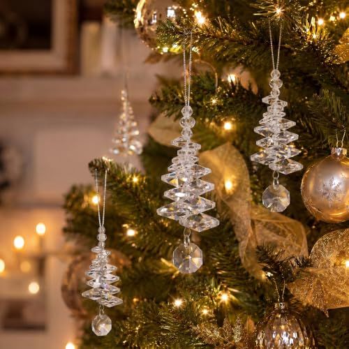 Set of 24 Crystal Tree Hanging Ornaments for Holiday, Mantel, Party & Christmas Decor (Clear)