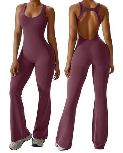 Stylish Backless Flared Jumpsuit for Yoga, Workout, Everyday & Occasions, S (Wine Red)