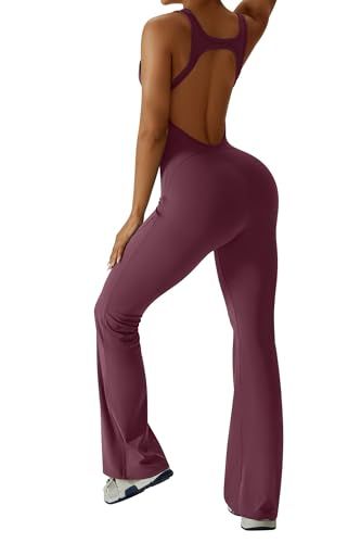 Stylish Backless Flared Jumpsuit for Yoga, Workout, Everyday & Occasions, S (Wine Red)