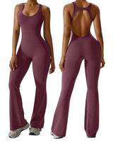 Stylish Backless Flared Jumpsuit for Yoga, Workout, Everyday & Occasions, M (Wine Red)