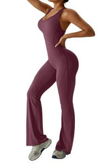 Stylish Backless Flared Jumpsuit for Yoga, Workout, Everyday & Occasions, M (Wine Red)