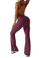 Stylish Backless Flared Jumpsuit for Yoga, Workout, Everyday & Occasions, M (Wine Red) - Top-Down View