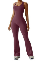 Stylish Backless Flared Jumpsuit for Yoga, Workout, Everyday & Occasions, M (Wine Red) - 45-Degree Angle