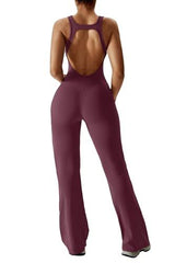 Stylish Backless Flared Jumpsuit for Yoga, Workout, Everyday & Occasions, L (Wine Red)