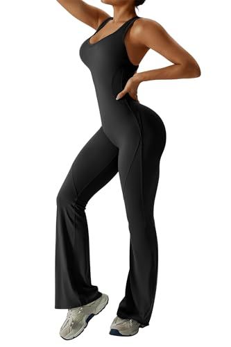 Women's Backless Flared Jumpsuit for Yoga, Gym, Parties & Daily Wear, M (Black)