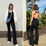 Women's Backless Flared Jumpsuit for Yoga, Gym, Parties & Daily Wear, M (Black)