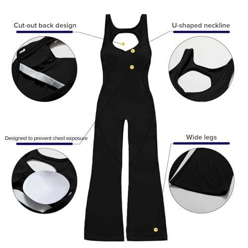 Women's Backless Flared Jumpsuit for Yoga, Gym, Parties & Daily Wear, L (Black)