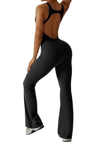 Women's Backless Flared Jumpsuit for Yoga, Gym, Parties & Daily Wear, L (Black)