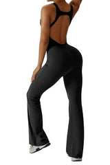 Women's Backless Flared Jumpsuit for Yoga, Gym, Parties & Daily Wear, L (Black) - Top-Down View