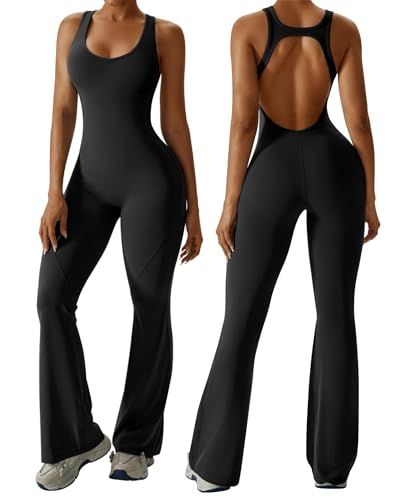 Women's Backless Flared Jumpsuit for Yoga, Gym, Parties & Daily Wear, XL (Black)