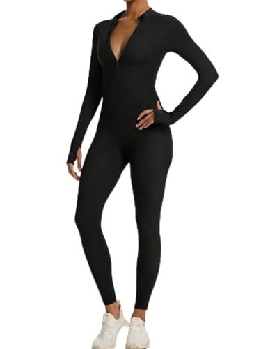 Long-sleeve Zip-up Bodysuit for Yoga, Workout, and Everyday Versatile Wear, S (Black)