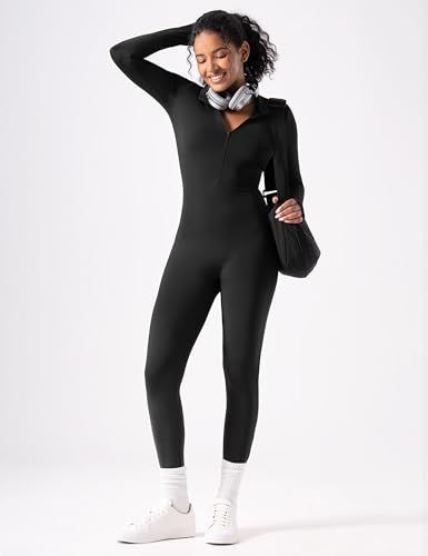 Long-sleeve Zip-up Bodysuit for Yoga, Workout, and Everyday Versatile Wear, S (Black)