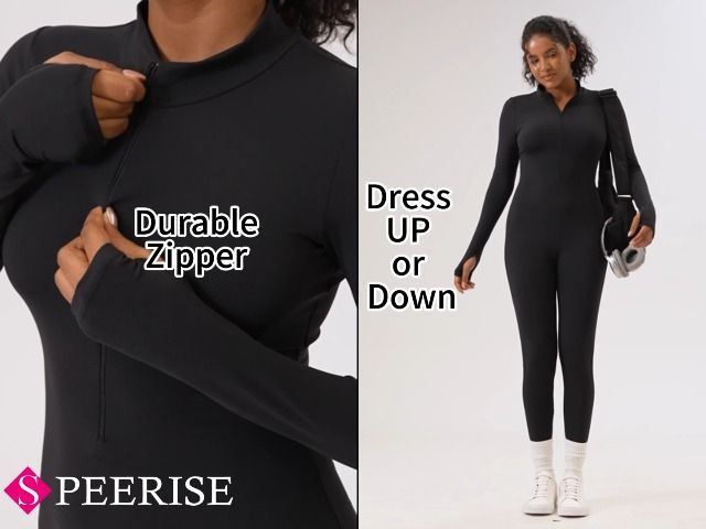 Long-sleeve Zip-up Bodysuit for Yoga, Workout, and Everyday Versatile Wear, M (Black)
