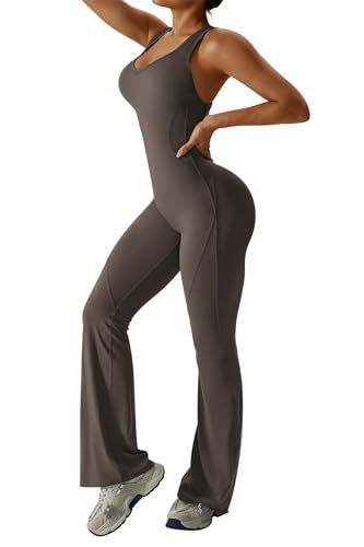 Sleeveless Open Back Flared Jumpsuit for Workout, Yoga, Casual Everyday & Occasions, S (dark brown)
