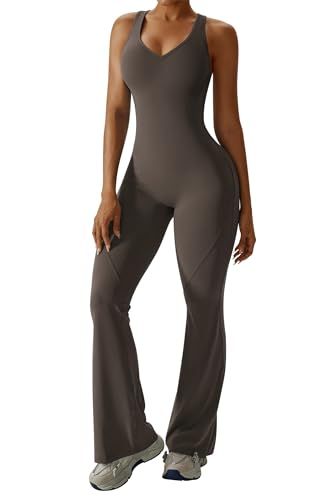 Sleeveless Open Back Flared Jumpsuit for Workout, Yoga, Casual Everyday & Occasions, S (dark brown)
