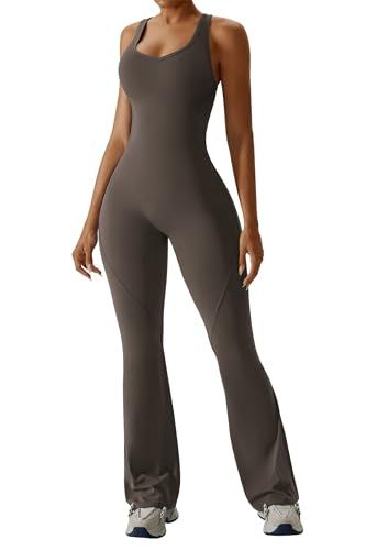 Sleeveless Open Back Flared Jumpsuit for Workout, Yoga, Casual Everyday & Occasions, S (dark brown)
