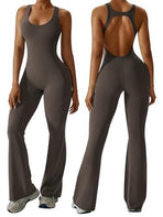 Sleeveless Open Back Flared Jumpsuit for Workout, Yoga, Casual Everyday & Occasions, M (dark brown)