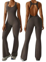 Sleeveless Open Back Flared Jumpsuit for Workout, Yoga, Casual Everyday & Occasions, XL (dark brown)