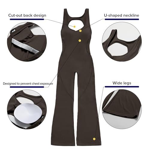 Sleeveless Open Back Flared Jumpsuit for Workout, Yoga, Casual Everyday & Occasions, XL (dark brown)