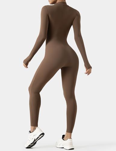 Long-Sleeve Zip-Up Bodycon Jumpsuit for Yoga, Workouts, and Casual Everyday Wear, S (Brown)