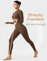 Long-Sleeve Zip-Up Bodycon Jumpsuit for Yoga, Workouts, and Casual Everyday Wear, S (Brown) - Rear View