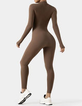 Long-Sleeve Zip-Up Bodycon Jumpsuit for Yoga, Workouts, and Casual Everyday Wear, M (Brown)