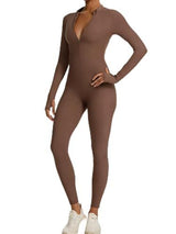 Long-Sleeve Zip-Up Bodycon Jumpsuit for Yoga, Workouts, and Casual Everyday Wear, L (Brown)