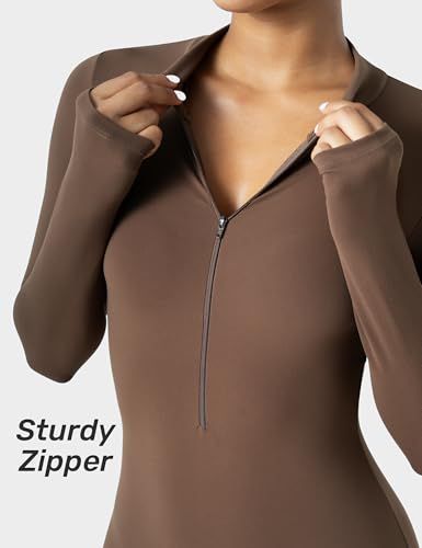 Long-Sleeve Zip-Up Bodycon Jumpsuit for Yoga, Workouts, and Casual Everyday Wear, XL (Brown)