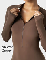 Long-Sleeve Zip-Up Bodycon Jumpsuit for Yoga, Workouts, and Casual Everyday Wear, XL (Brown) - Side View