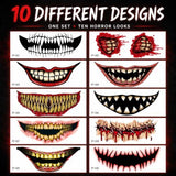 10 Horror Mouth Temporary Tattoos for Halloween Costumes, Cosplay, Spooky Makeup (Red)