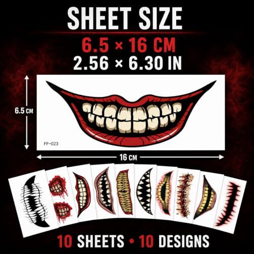 10 Horror Mouth Temporary Tattoos for Halloween Costumes, Cosplay, Spooky Makeup (Red)