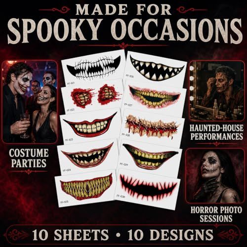 10 Horror Mouth Temporary Tattoos for Halloween Costumes, Cosplay, Spooky Makeup (Red)