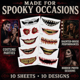 10 Horror Mouth Temporary Tattoos for Halloween Costumes, Cosplay, Spooky Makeup (Red) - Top-Down View