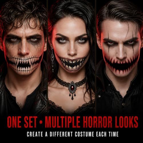 10 Horror Mouth Temporary Tattoos for Halloween Costumes, Cosplay, Spooky Makeup (Red)