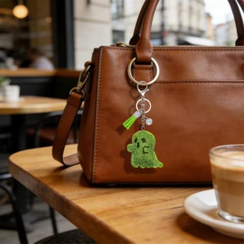 Sparkly Ghost Keychain for Backpacks, Keys, Bags & Halloween Themed Accessories (bright green)