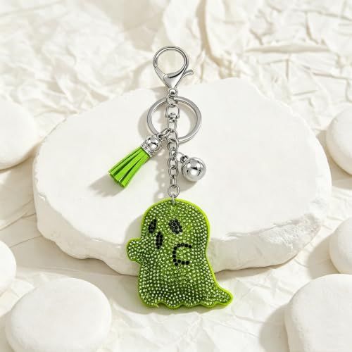 Sparkly Ghost Keychain for Backpacks, Keys, Bags & Halloween Themed Accessories (bright green)