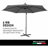 Milano Outdoor 3 Metre Cantilever Umbrella UV Sunshade Garden Patio Deck - Charcoal - 45-Degree Angle
