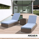 Arcadia Furniture Outdoor 3 Piece Sunlounge Set Rattan Garden Day Bed Lounger - Oatmeal and Grey - Front View